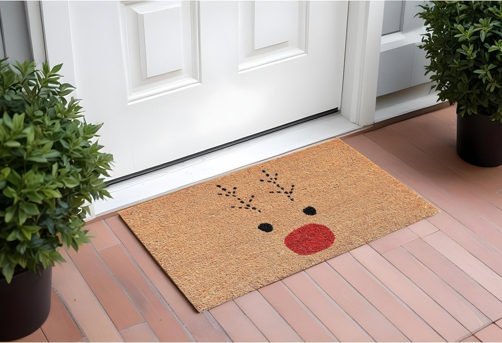 17" X 29" Natural Black and Red Coir Reindeer Outdoor Christmas Door